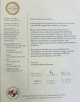 Dr Alison Chiu WCRS certificate (The Fellowship of the World College of Refractive Surgery and Visual Sciences (FWCRS))