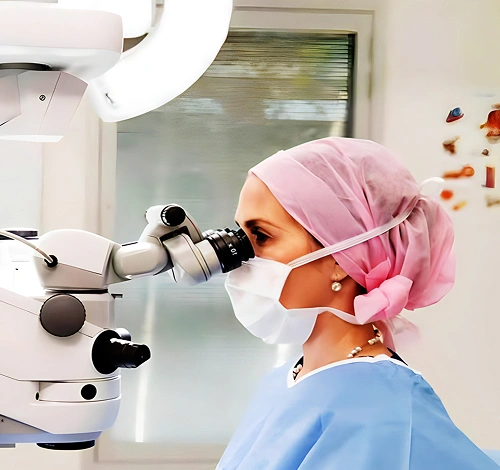 Dr Alison Chiu operating at a surgical microscope